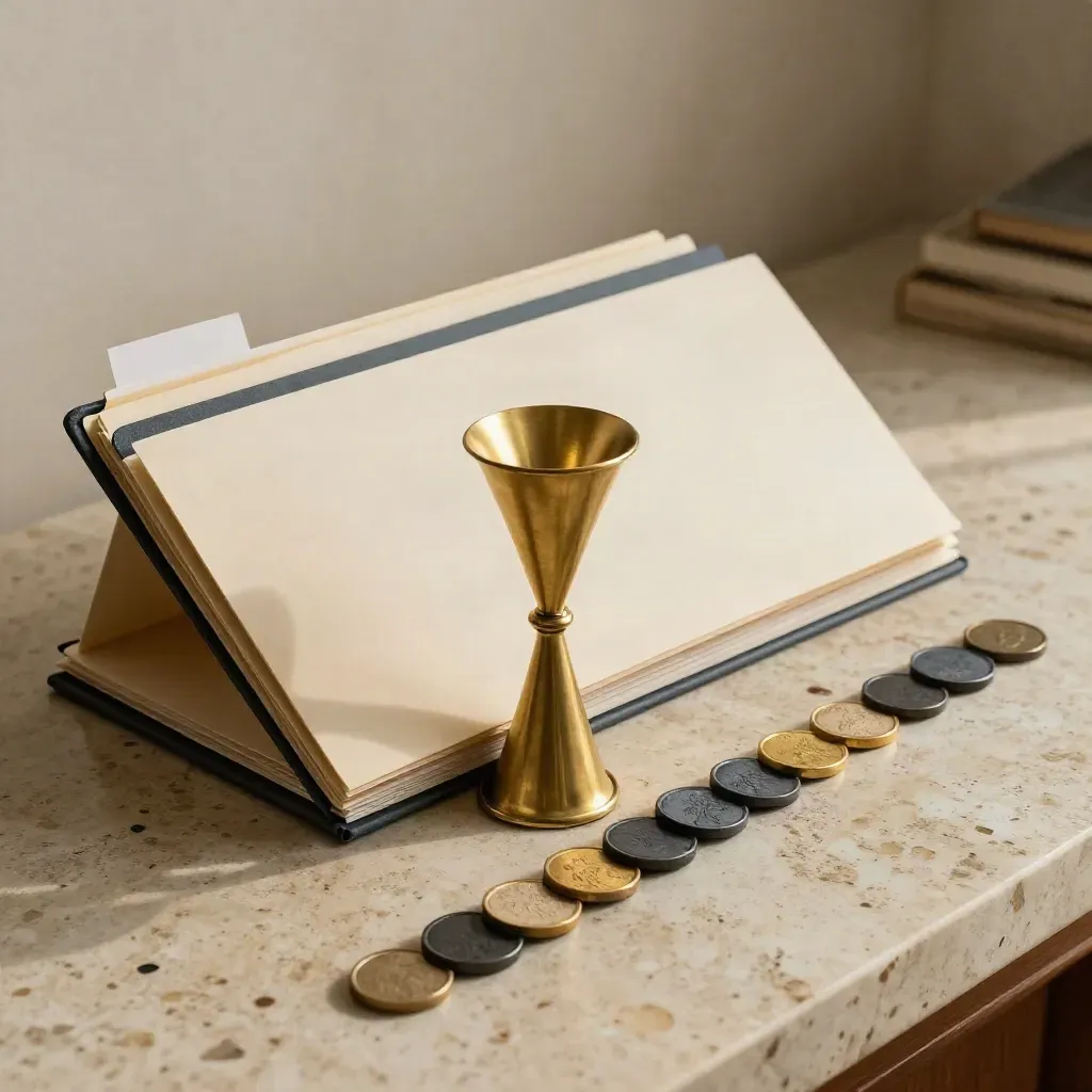 Top-down diagonal of sealed folders, brass funnel, and gradient tokens on travertine.