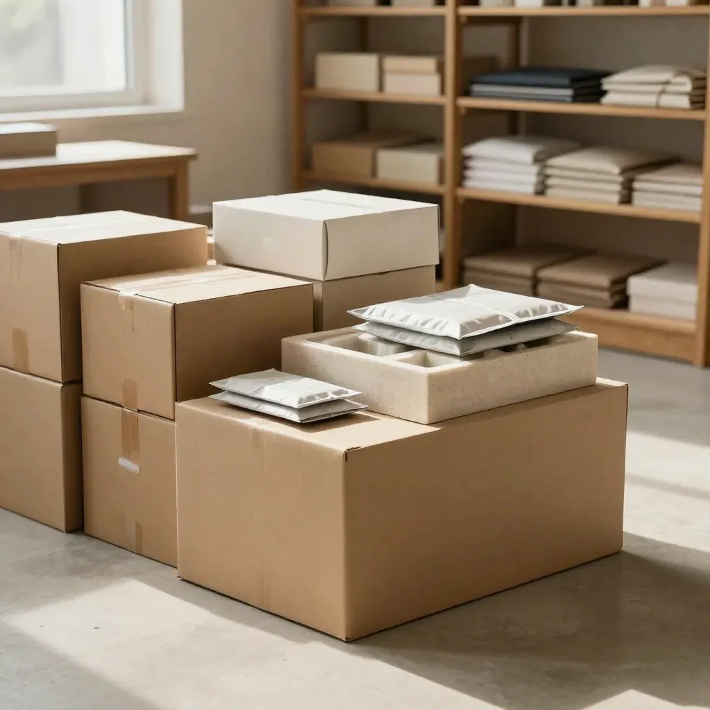 Launch-ready studio corner with boxed prototypes, cartons, plinth and warm window light