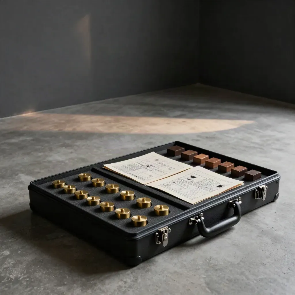 Portable workshop kit with brass tokens, folded layout pieces and a travel case in a moody studio.