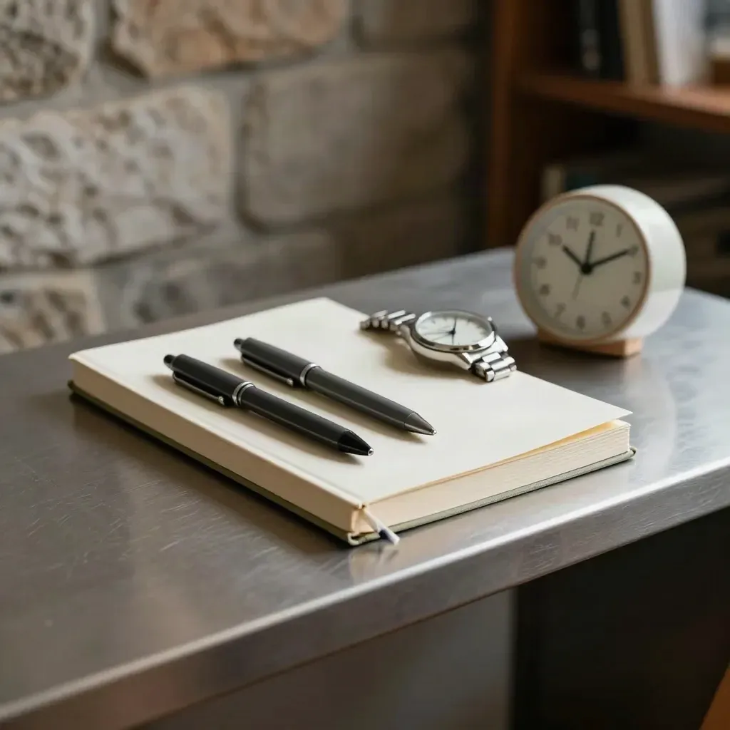 Closed notebook, watch, pens and ceramic clock on a pewter console in a calm coaching still life