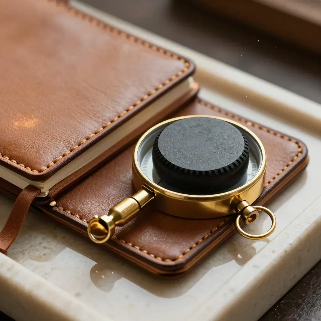 Macro of brass compass, black stone weight, and leather notebook in a walnut tray.