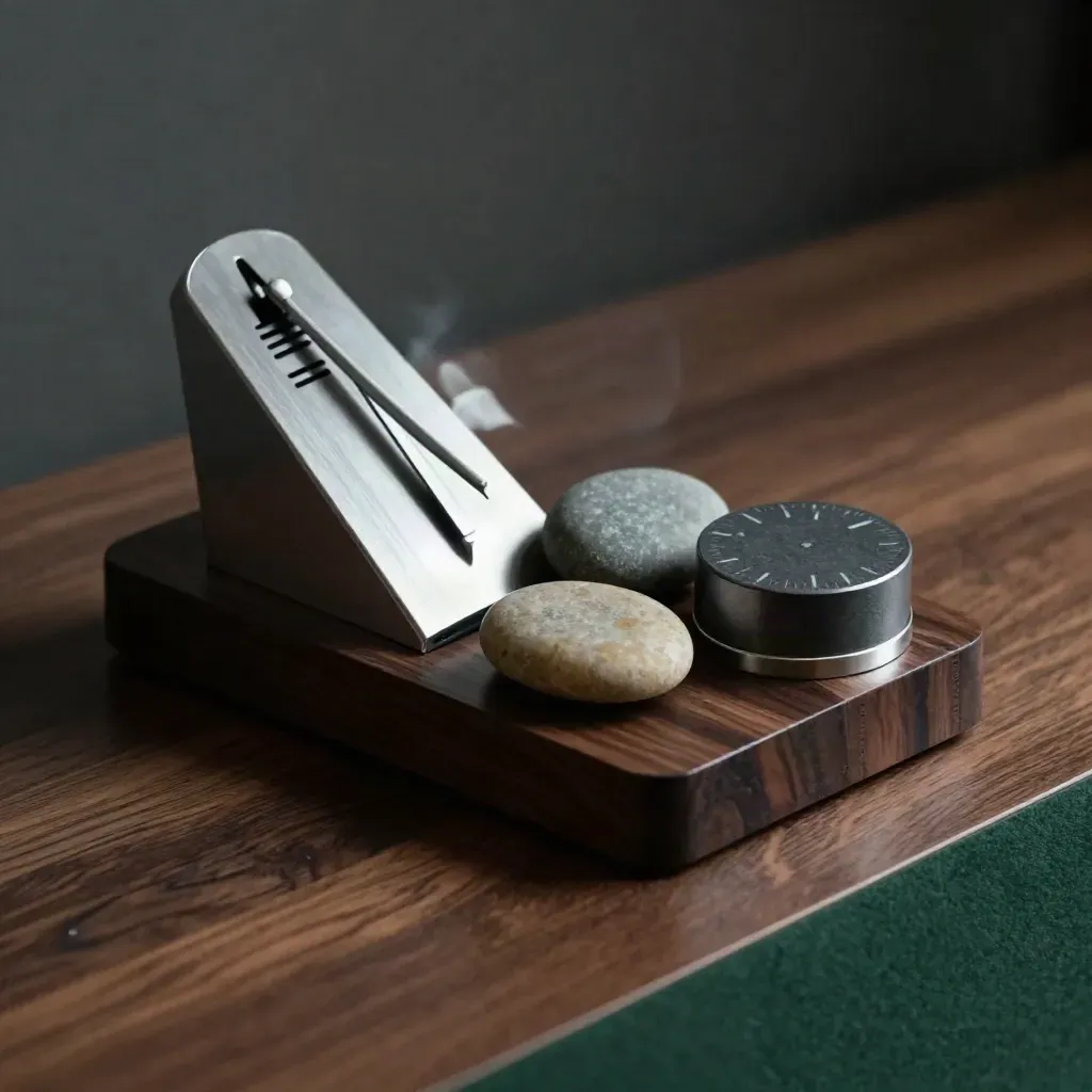 Metronome, worry stones, and session timer on dark walnut in dramatic studio light