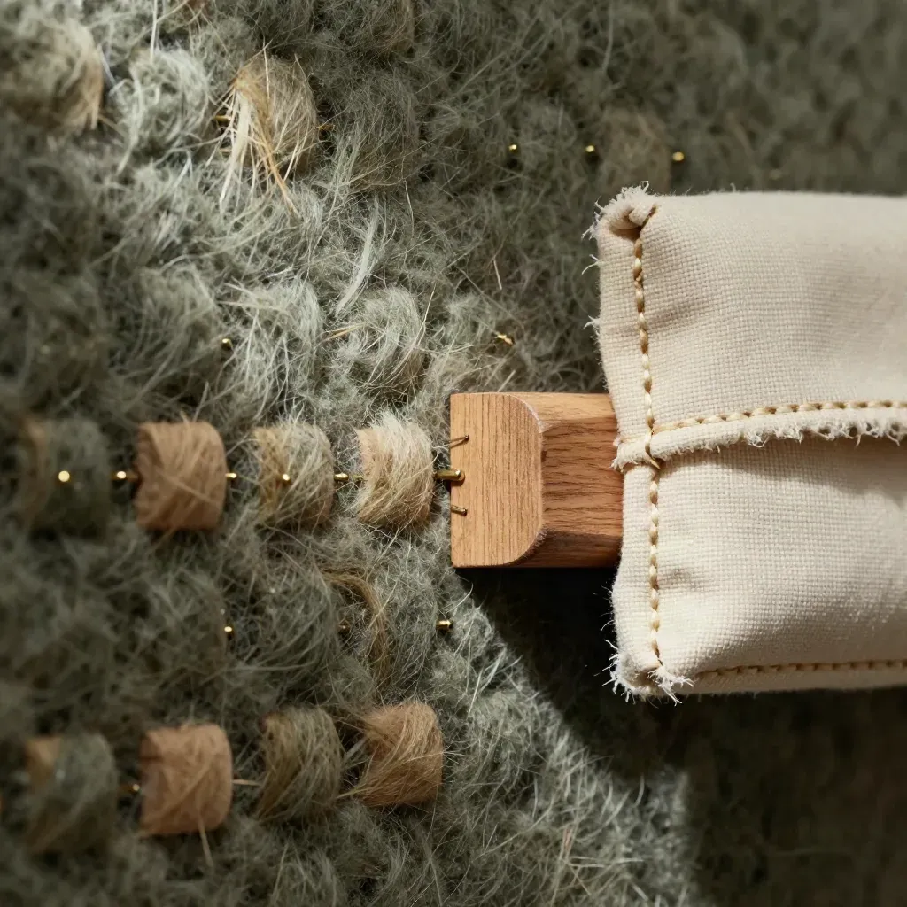 Macro of a felt workshop board, brass pins, wooden blocks, and a canvas carrier edge in raking light.