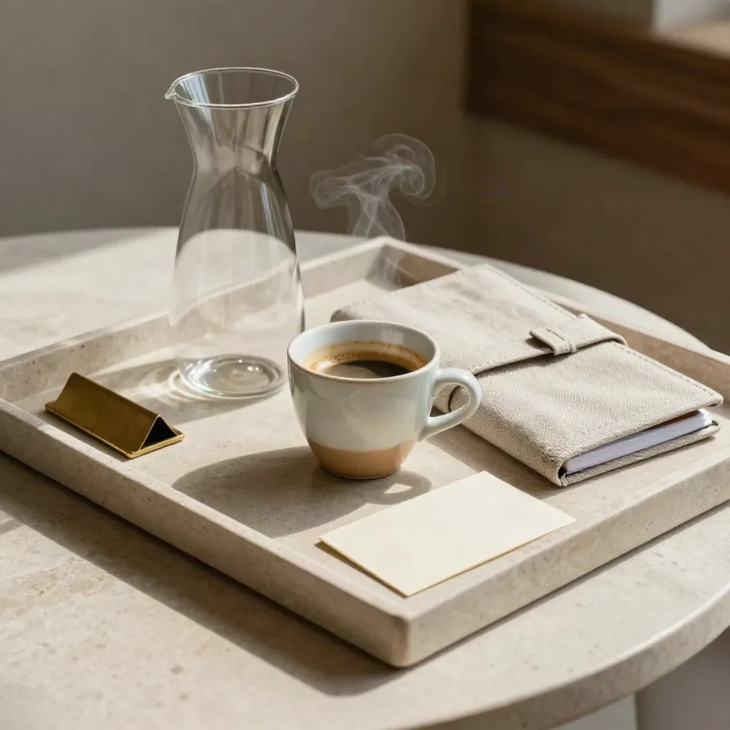 Espresso tray with cup, carafe, notebook case and brass cardholder on stone.