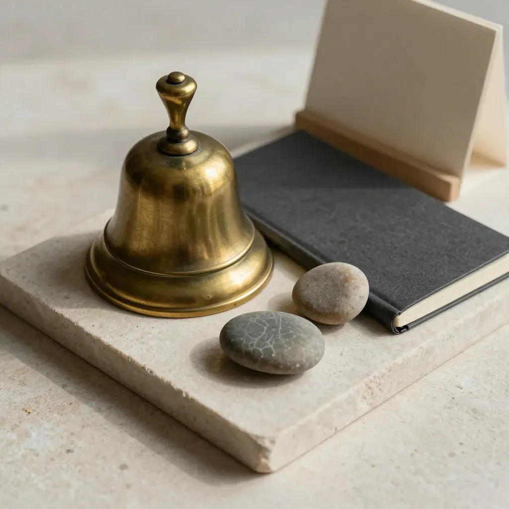 Overhead flatlay of a brass bell, closed notebook, and stones on a pale stone tray.