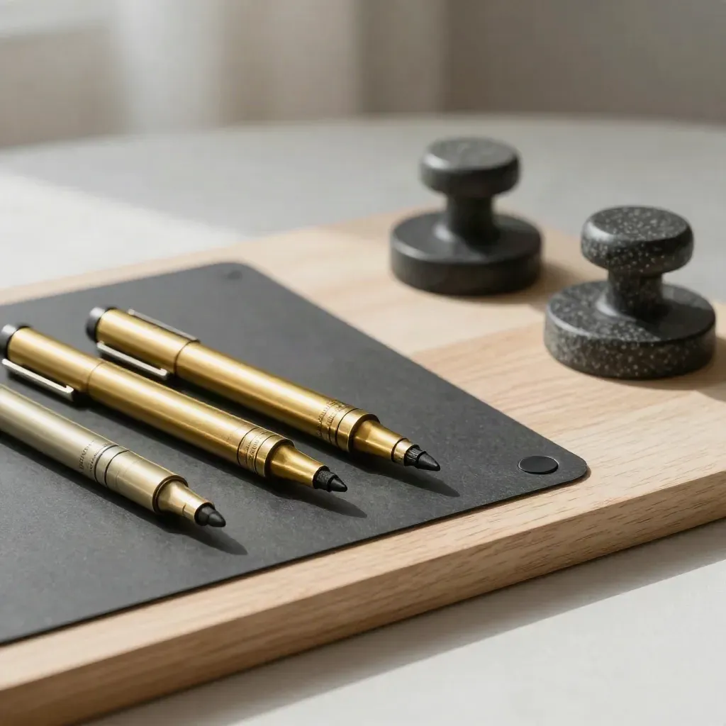 Brass markers and stone weights revising a blank strategy board on pale wood.