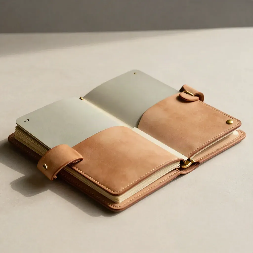 Open leather planning folio with tabs, cards and brass details on a soft plaster sweep.