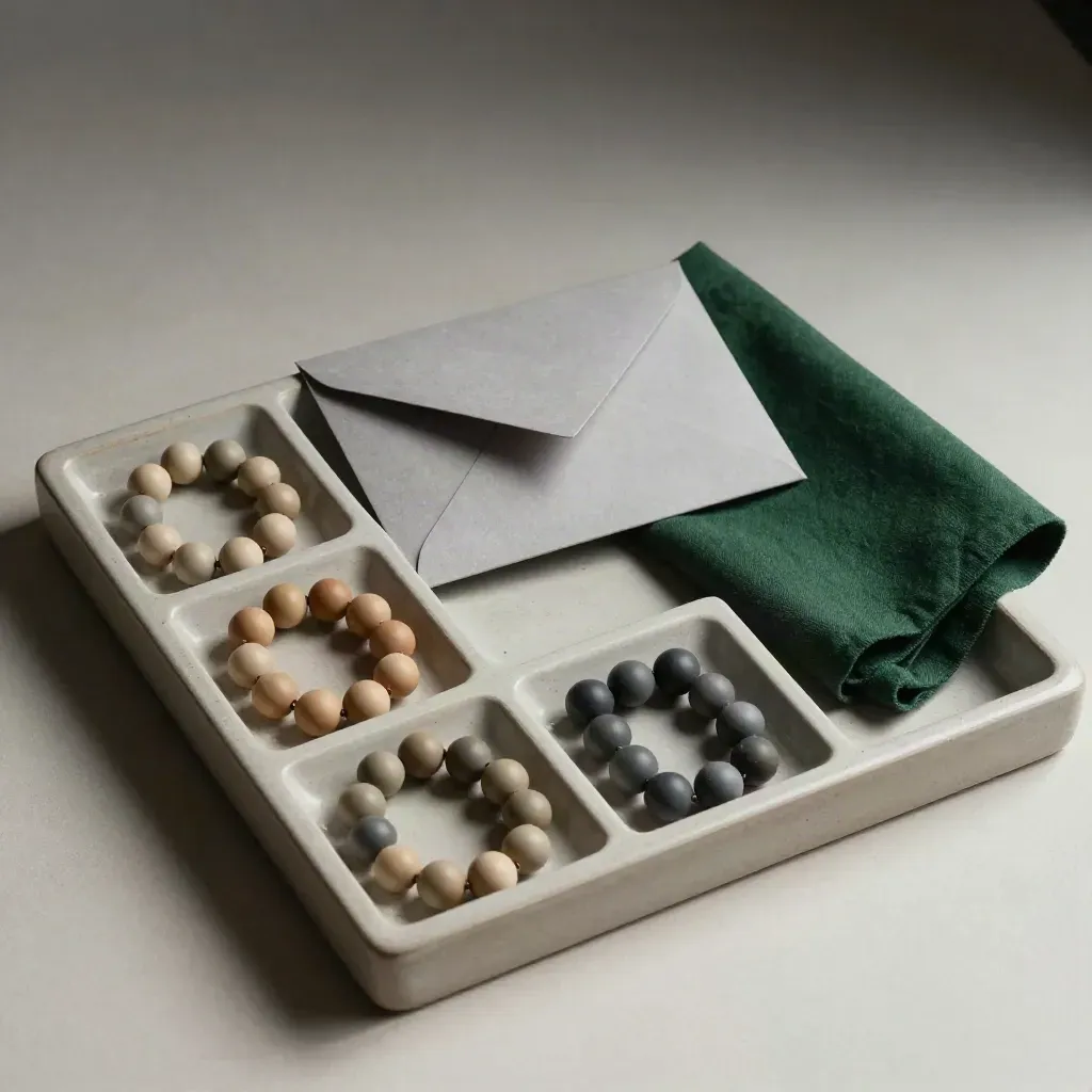 Ceramic counting tray with six beads, folder, and folded cloth on pale stone.