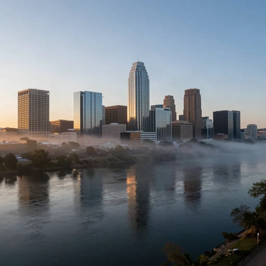 Austin skyline above the river at dawn with mist and warm reflections