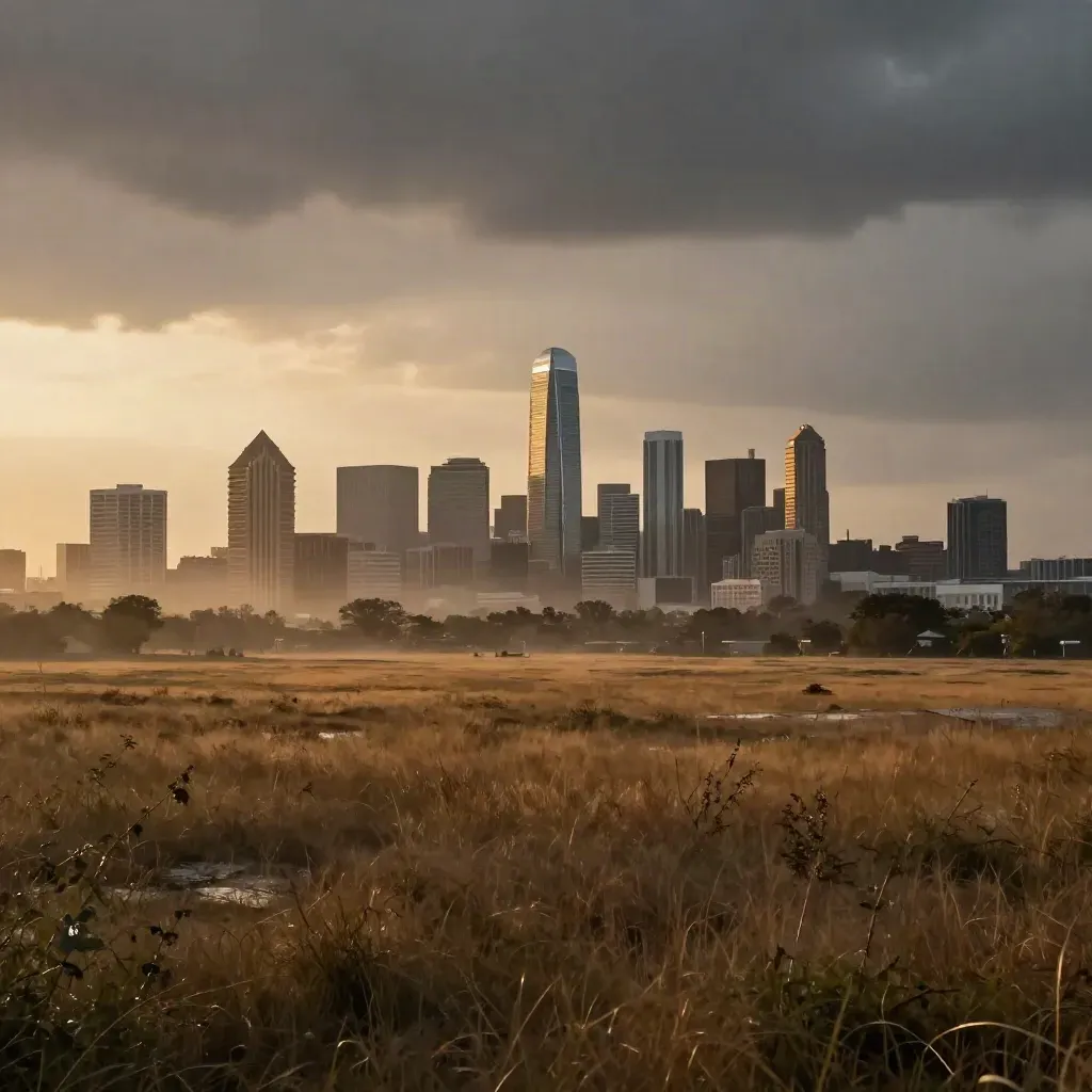 Dallas–Fort Worth skyline above a rain-darkened prairie at golden hour