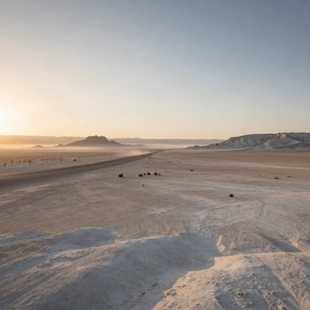 High-desert sunrise with a road, pale plains, sage scrub, and distant mesas in warm haze.