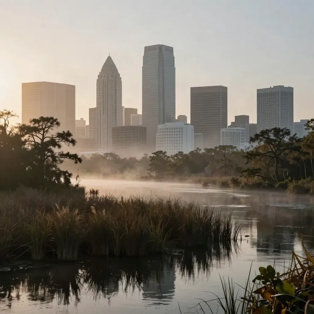 Houston skyline above a misty bayou at sunrise, framed by live oaks
