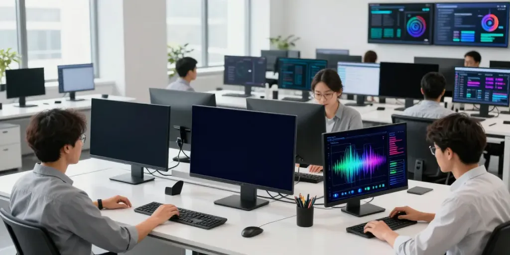 Diverse team collaborating in a modern AI infrastructure workspace, analyzing data on large screens.