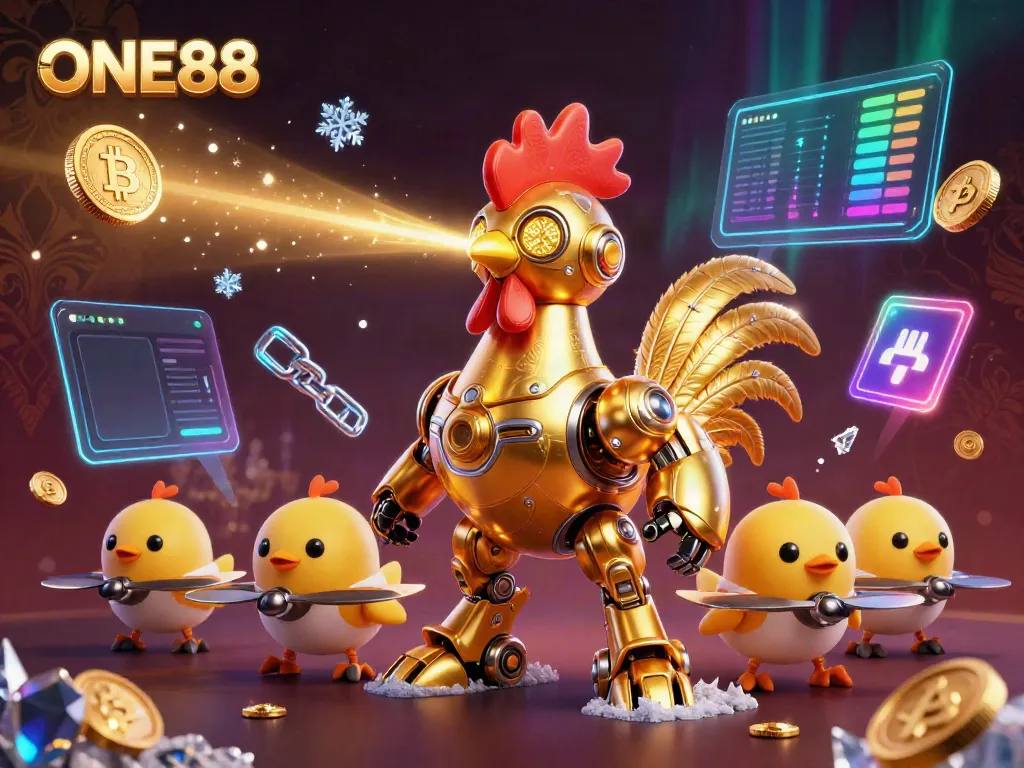 Engage with ONE88's dynamic gaming scene featuring a robotic golden rooster amid crypto coins.