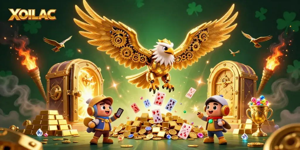 Experience thrilling gameplay with XOILAC, featuring an eagle soaring through holographic cards with stunning golden treasures.