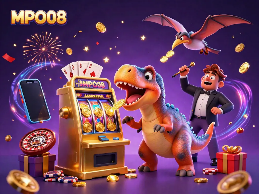 Experience the excitement of MPO08 with pachycephalosaurus jackpot action in this vibrant casino scene.
