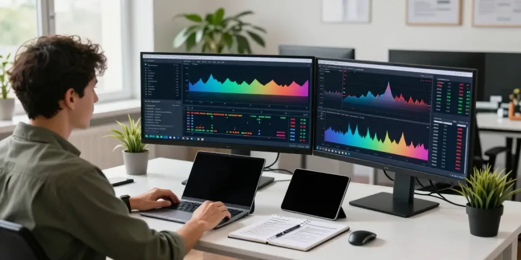 TradingView analysis at a modern trading desk with multiple screens and market charts.