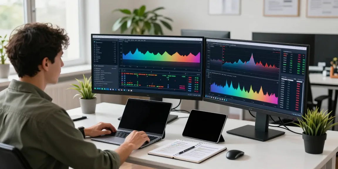 TradingView analysis at a modern trading desk with multiple screens and market charts.