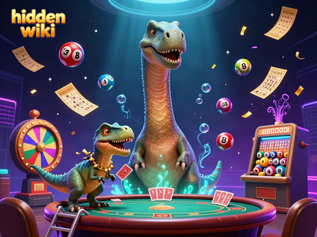Engage with the hidden wiki theme in a vibrant casino scene featuring a giant brontosaurus overlooking a poker game.