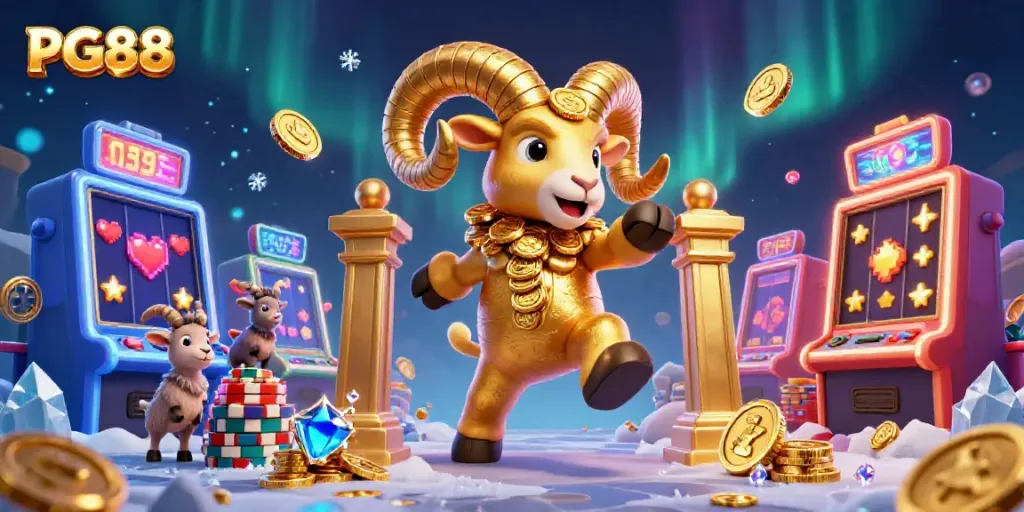 Experience PG88's vibrant casino adventure as a golden ram charges through dazzling slot machines and luminescent game elements.