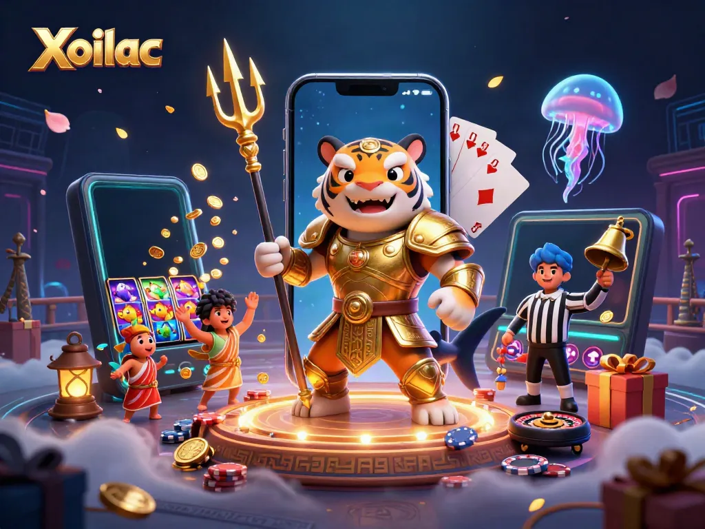Xoilac showcases a thrilling underwater colosseum scene featuring a heroic tiger shark and exciting casino elements.