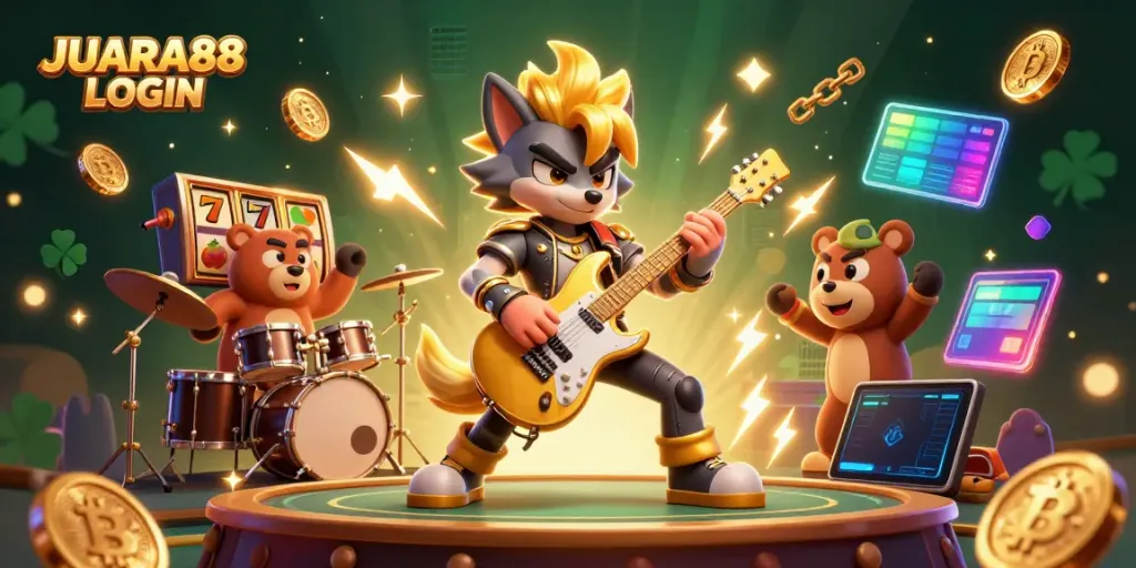 Experience JUARA88 LOGIN glory with a thrilling 3D cartoon illustration of a rock star wolf and drummer bear on stage.