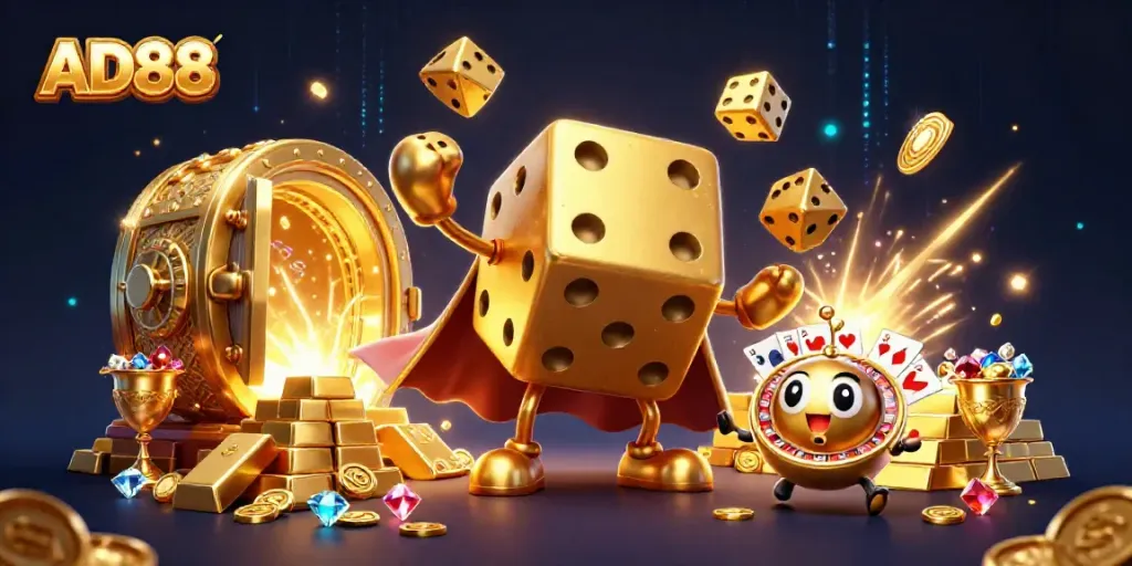 Engage with AD88's thrilling gaming experience featuring dynamic golden dice characters amidst opulent casino treasures.