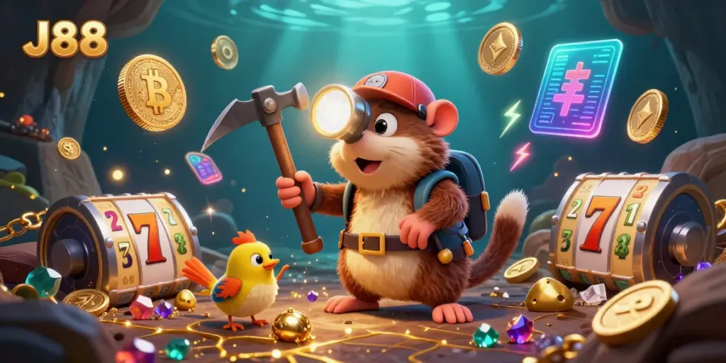 Play the J88 slots with winning symbols amidst sparkling treasures and vibrant characters.