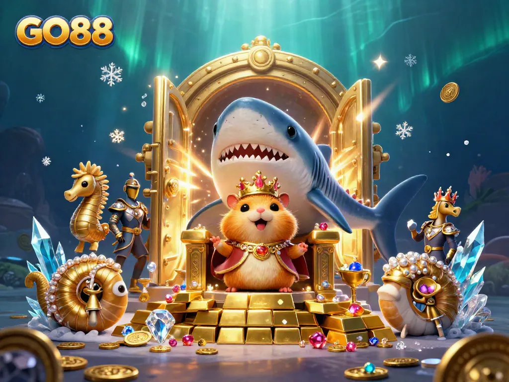 Experience thrilling adventures with GO88, featuring vibrant royal characters and treasure-filled backgrounds in a vibrant underwater scene.