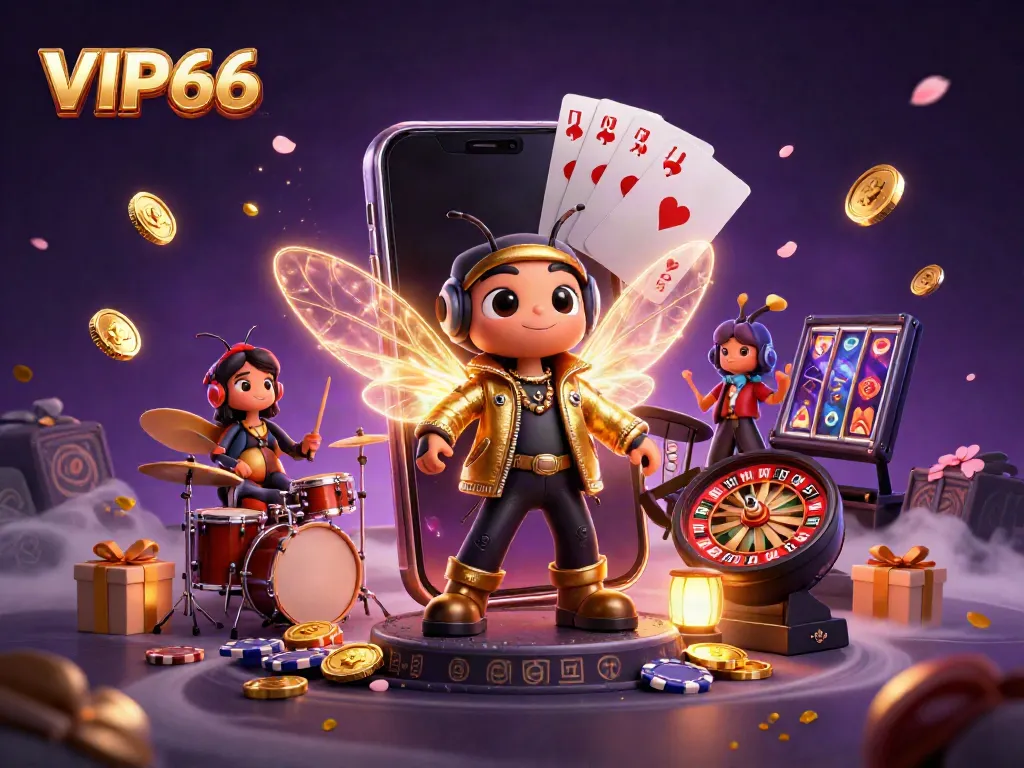 Engage with VIP66's exhilarating casino experience featuring lively characters and vibrant game elements.