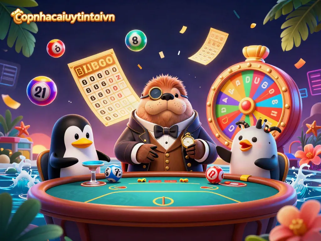 Experience exciting gameplay at topnhacaiuytintaivn with a lively underwater casino illustration featuring a walrus and friends.