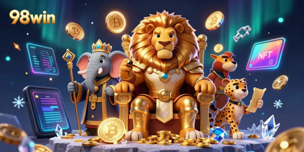 Experience thrilling adventures with 98win in a vibrant casino scene featuring majestic characters and crypto coins.