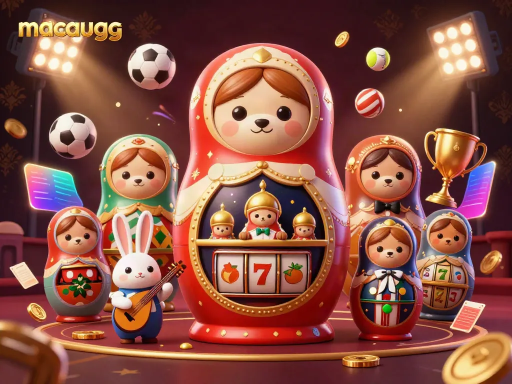 Engage with macaugg's slots through a vibrant scene of Matryoshka bears and casino elements.