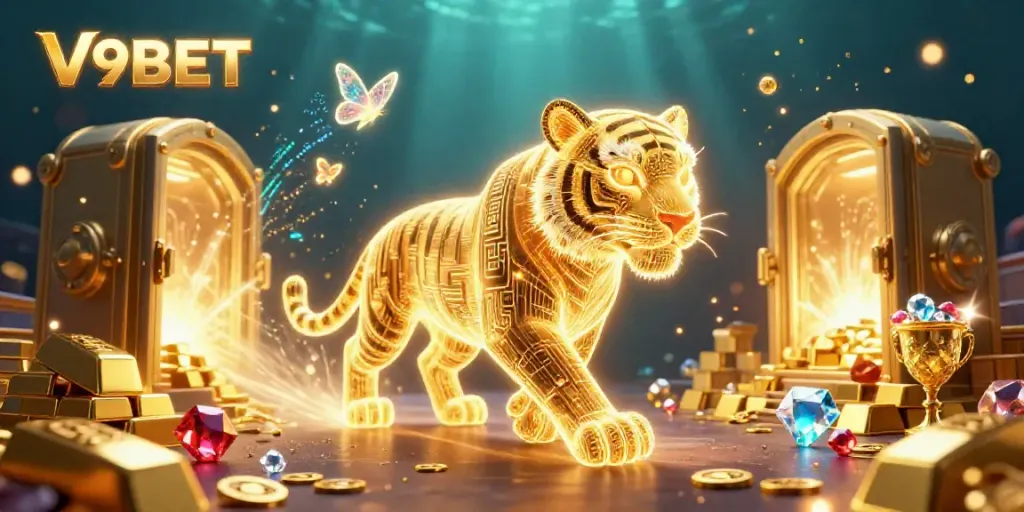 Experience V9BET as a golden tiger navigates a vibrant digital casino filled with treasures and energy.