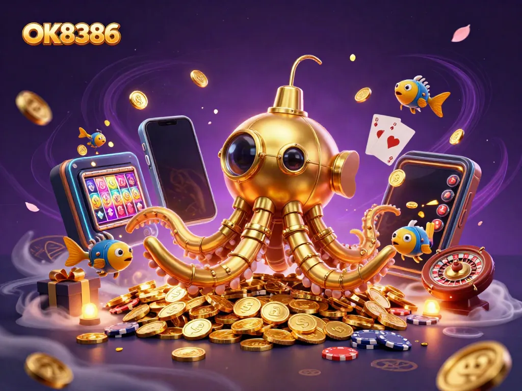 Engage with OK8386's vibrant casino action featuring a golden kraken submarine amidst golden coins and a colorful slot game.