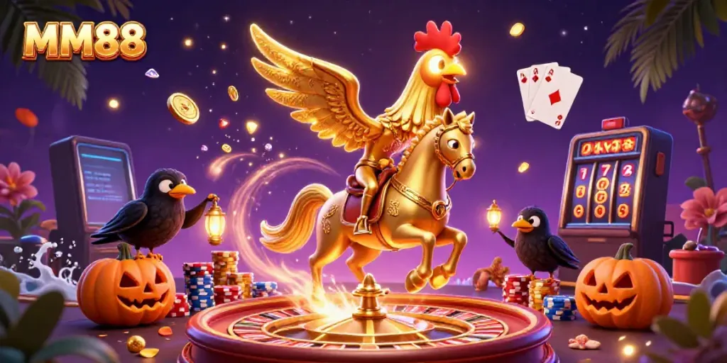 Engage with MM88 in a vibrant casino scene filled with golden coins and exciting gaming elements.