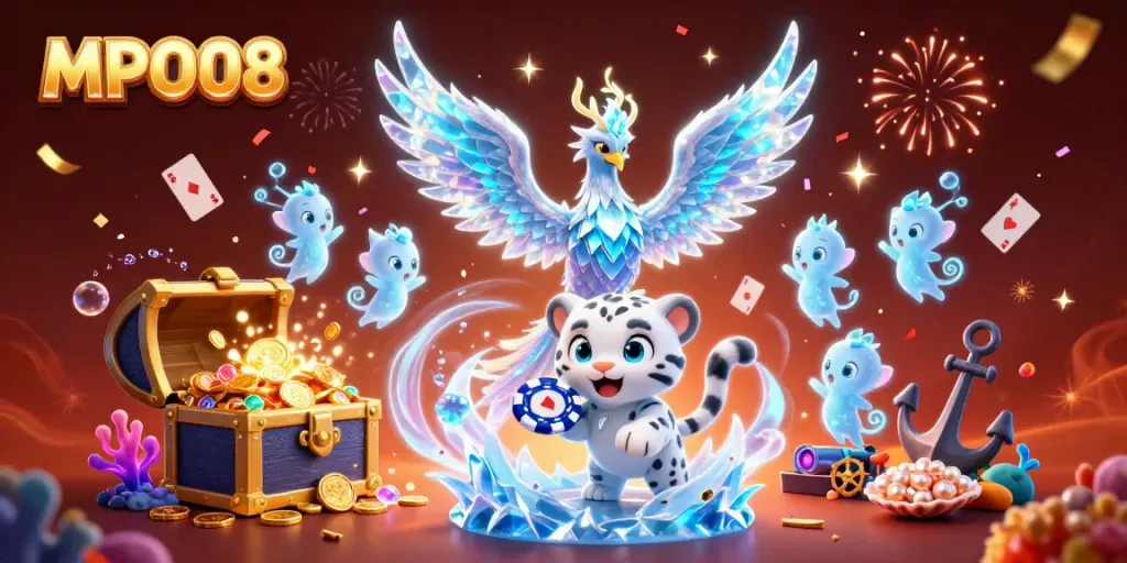 Experience MPO08's vibrant casino magic with an ice phoenix, poker chips, and flowing treasures.