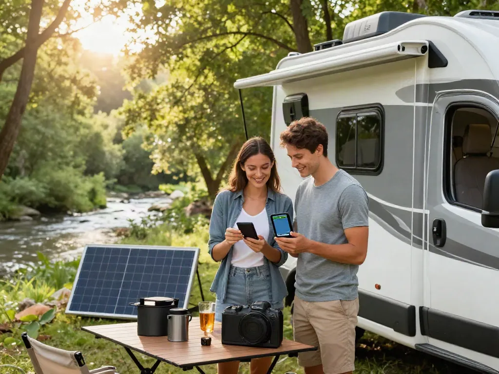 Adventure couple using lithium RV batteries while camping in a lush forest.