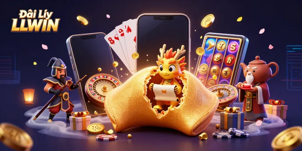 Experience the thrill of Đại Lý LLWIN with a colorful, dynamic casino-themed illustration featuring playful characters and slot game elements.