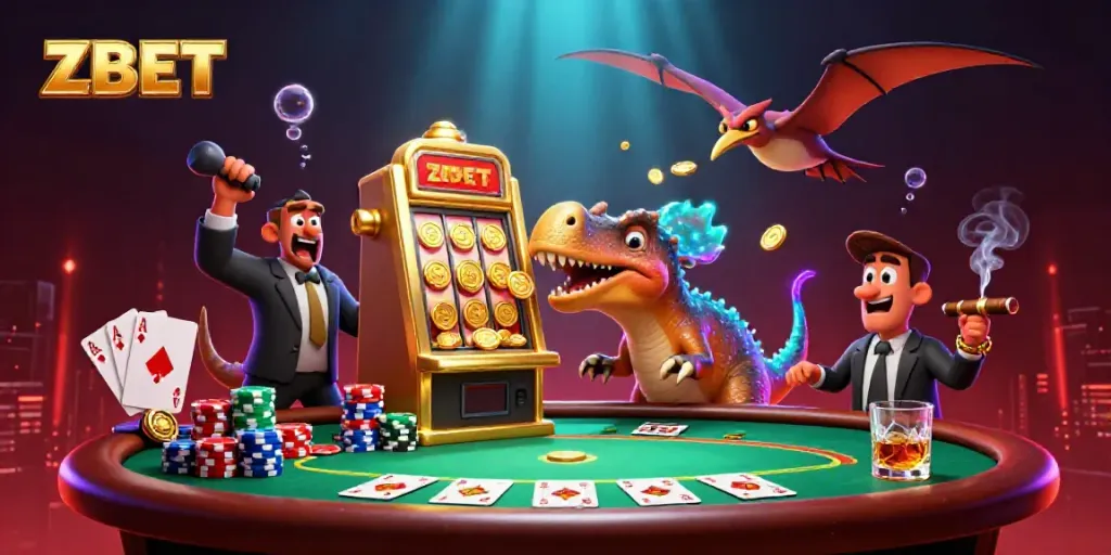 ZBET creates excitement with a pachycephalosaurus hitting a slot machine jackpot amidst colorful poker elements.