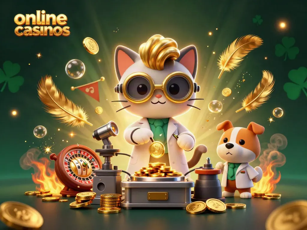 Experience dynamic online casinos gameplay with a mad scientist cat and dog, golden coins swirling.