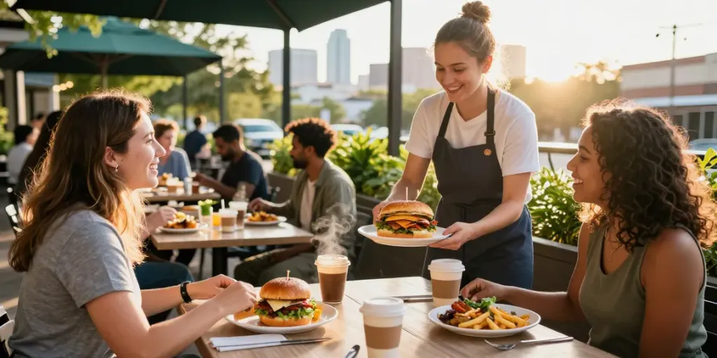Customers enjoying the best brunch Austin at a lively café featuring NYC-inspired breakfast sandwiches.