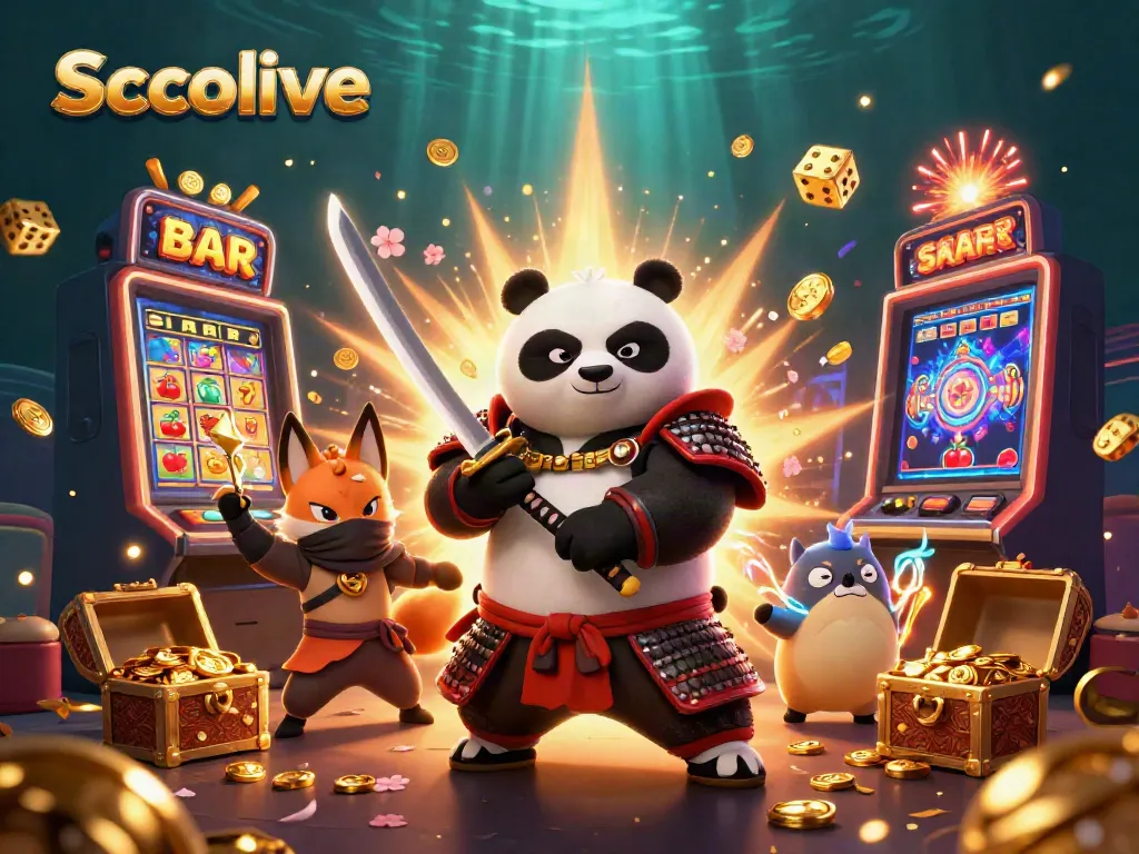 Socolive promotes exciting jackpots with a panda samurai and ninja fox in a vibrant casino scene.