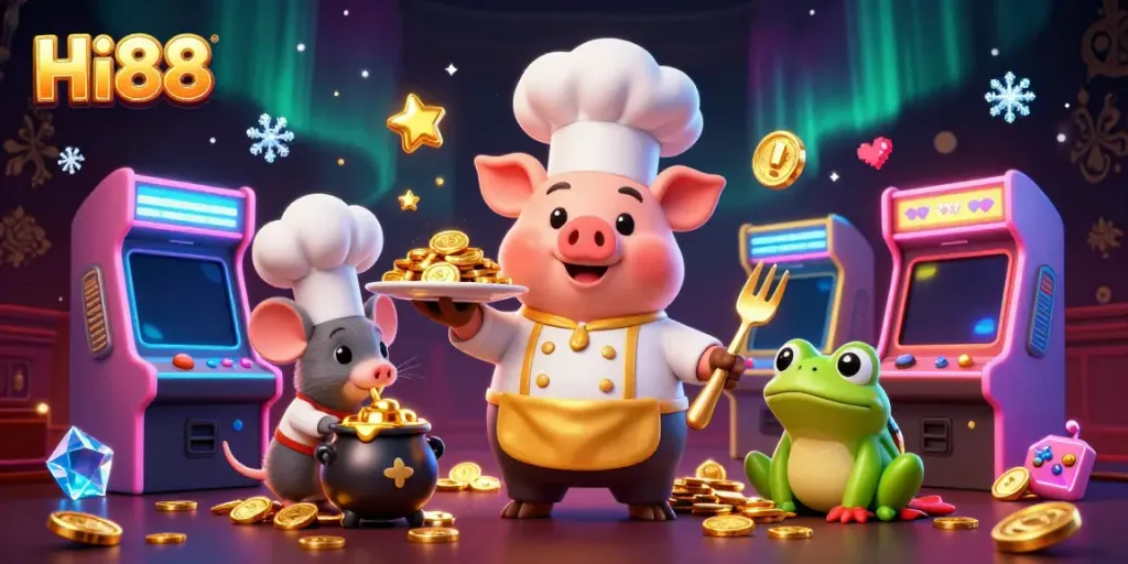 Join the fun at Hi88 with a colorful 3D casino scene of a chef pig serving golden coins surrounded by game elements.