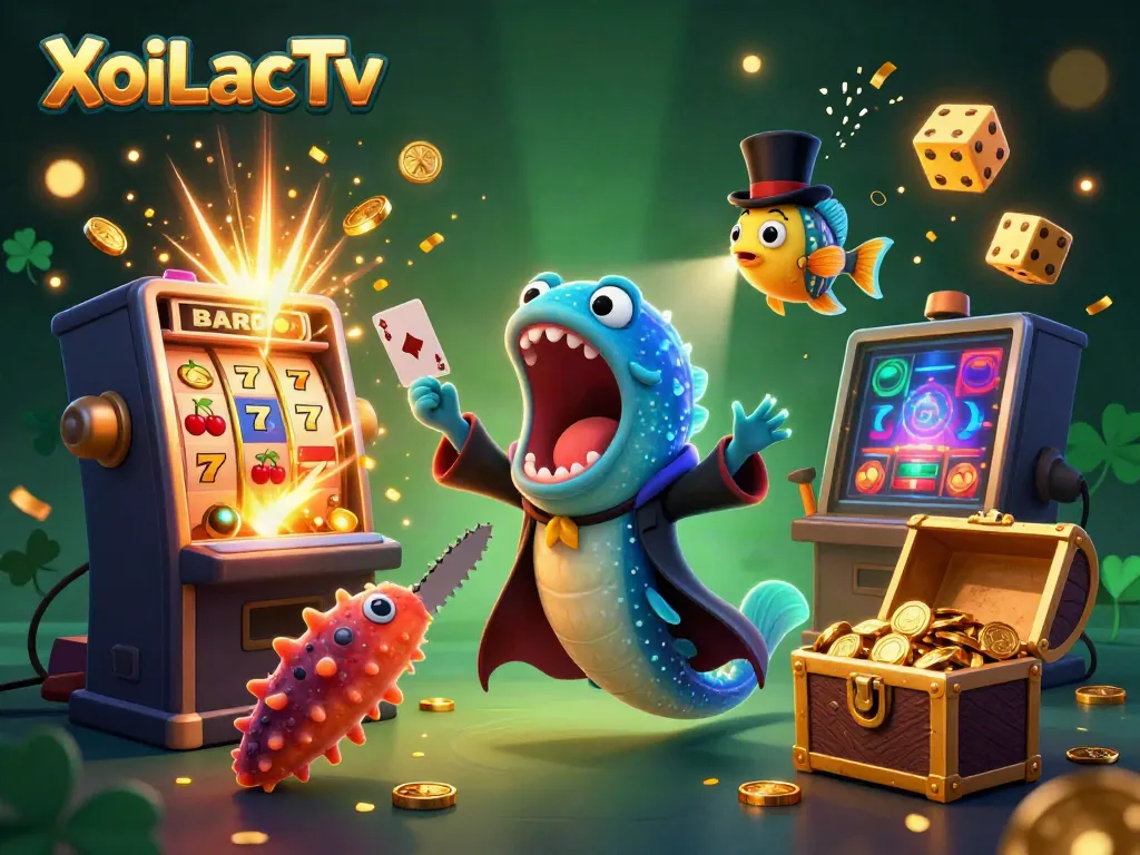 XoiLacTv's bioluminescent characters showcase vibrant casino games in a lively magic act.