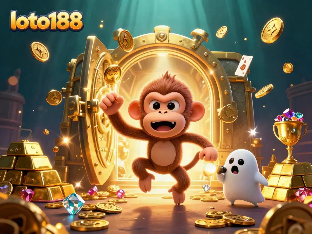 Experience the excitement of loto188 with lively characters in a thrilling casino scene filled with treasures.