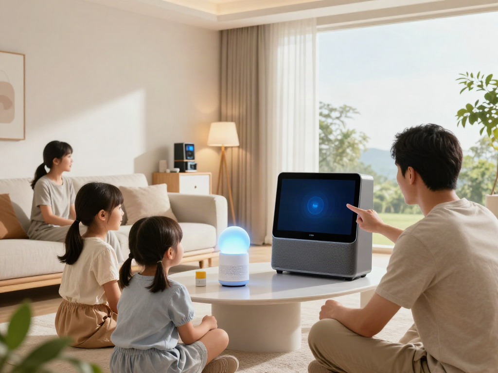 Smart home environment with family using smart audio system, showcasing خانه هوشمند جهان اسمارت devices in a modern living room.