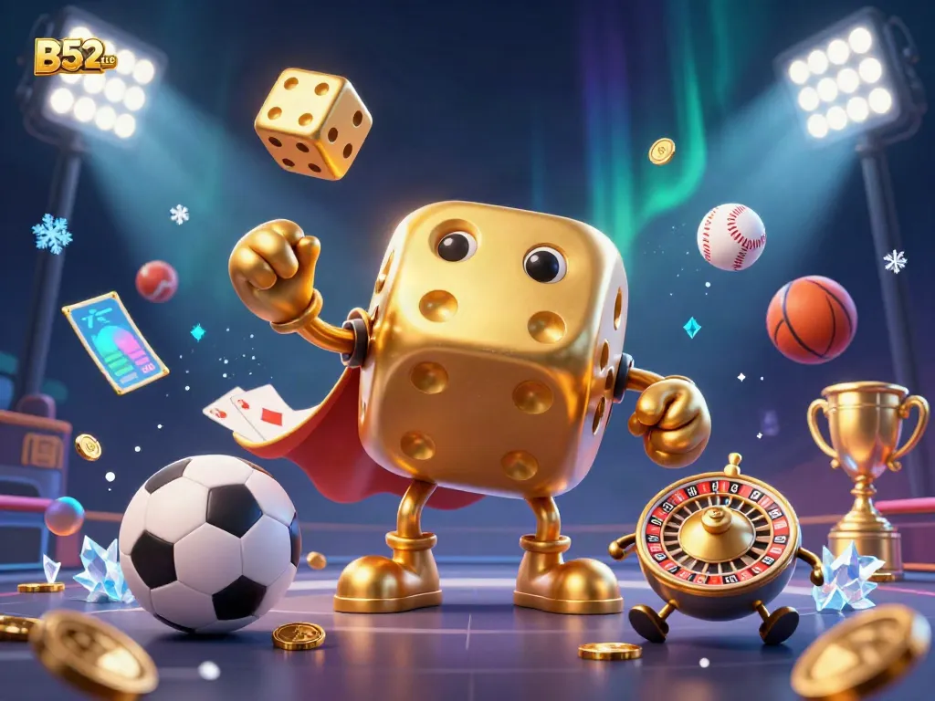 B52CLUB's playful golden dice golem and roulette-ball heads, symbolizing dynamic casino gaming atmosphere.