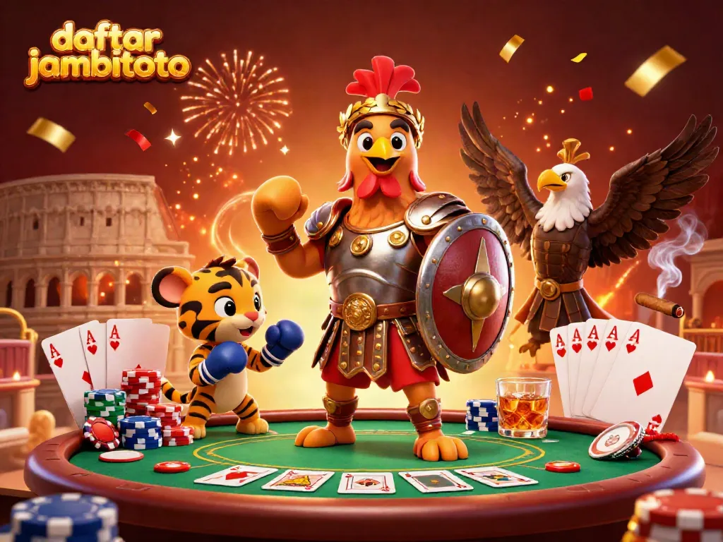 Bet on daftar jambitoto with a cartoon rooster and vibrant casino elements showcasing poker action.