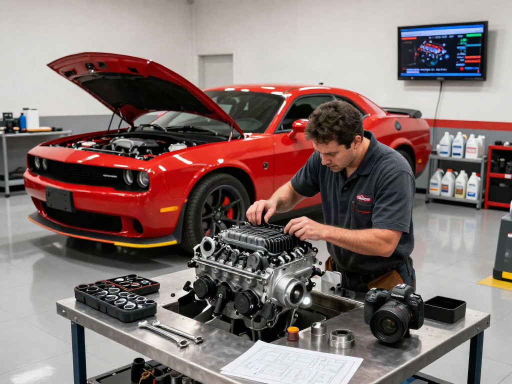 Hellcat motor for sale being inspected by a mechanic in a modern garage.